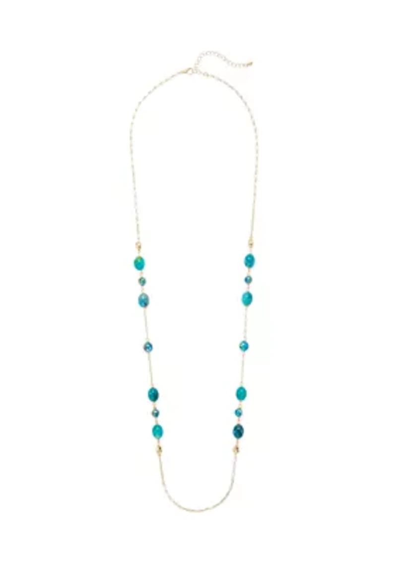 Women's Gold Tone Teal Long Bead Necklace