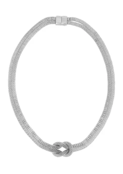 Silver-Tone Mesh Necklace with Front Knot Detail and Magnetic Closure