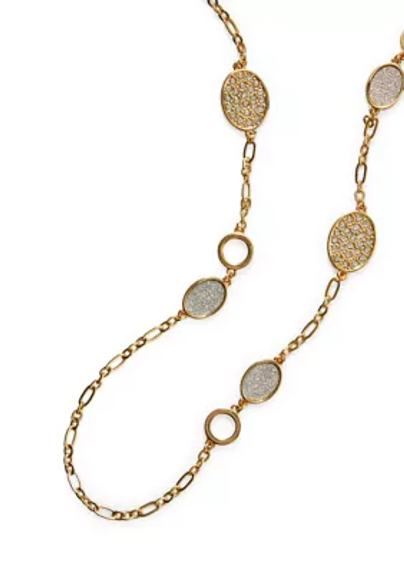 Long Crystal Station Disc Gold Tone Necklace