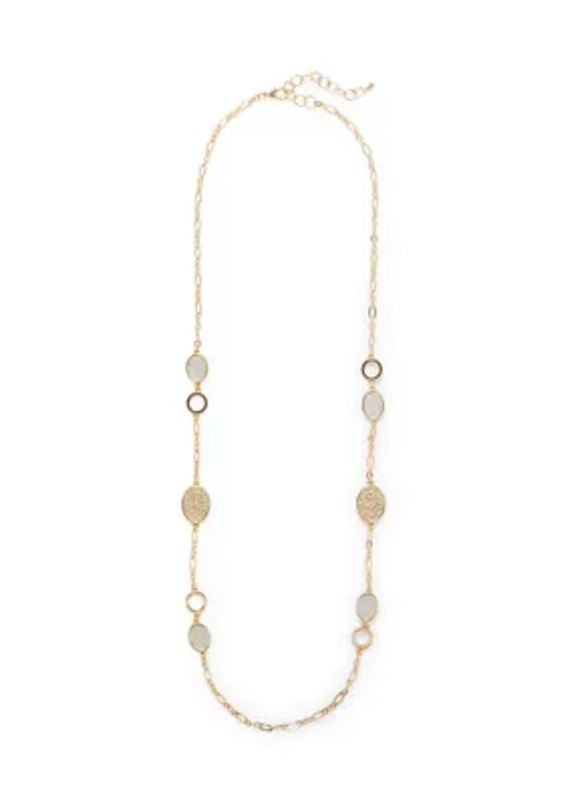 Long Crystal Station Disc Gold Tone Necklace