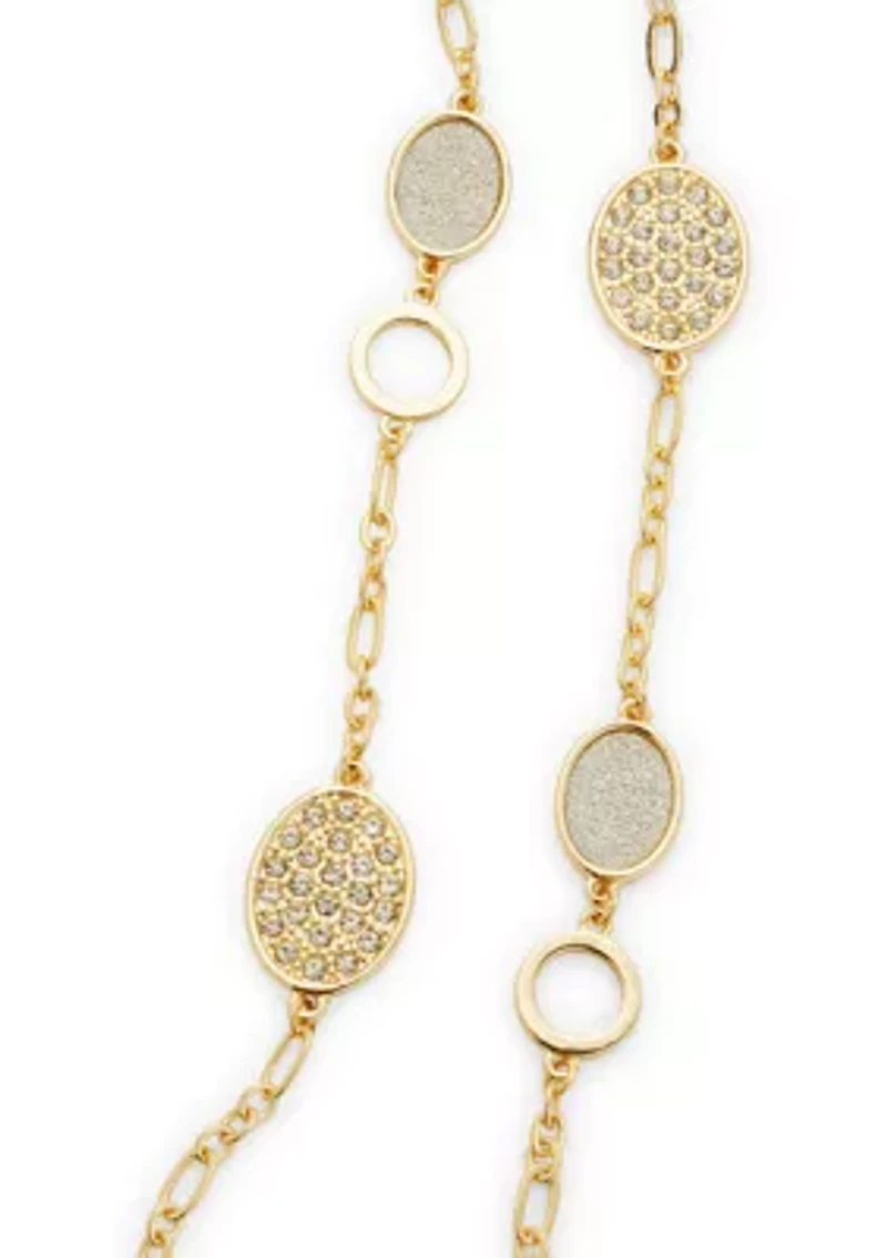 Long Crystal Station Disc Gold Tone Necklace
