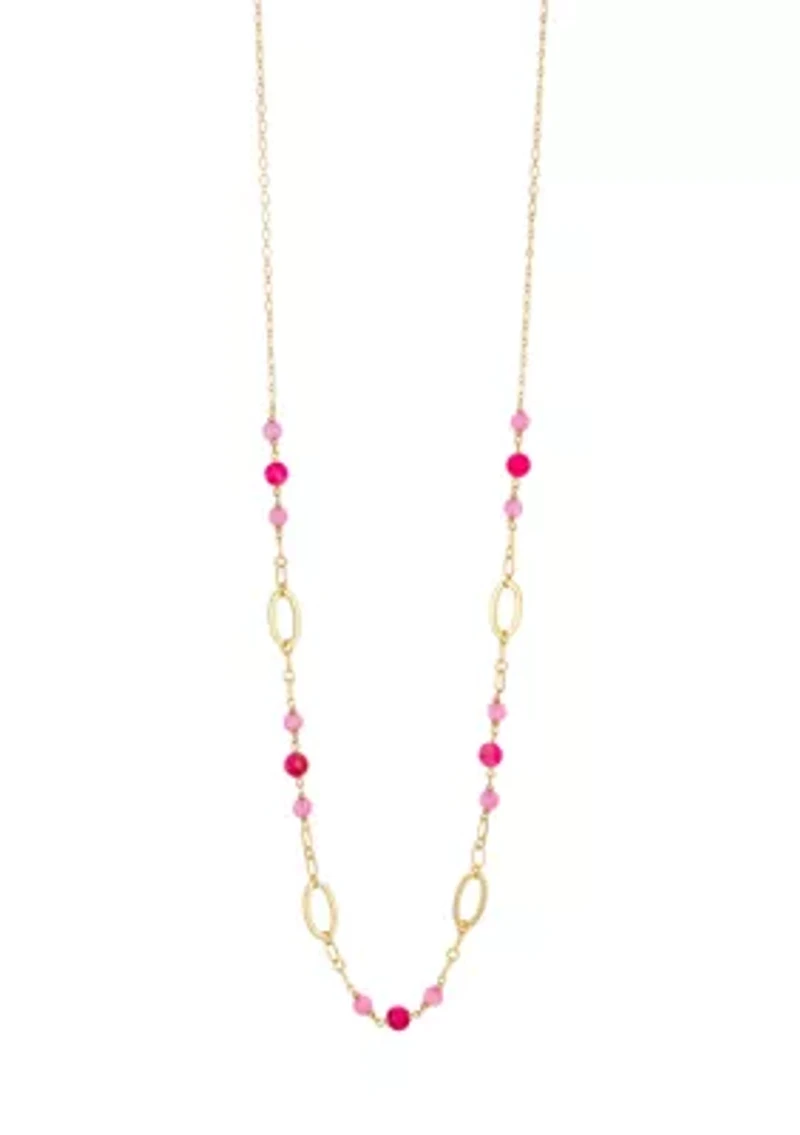 Gold Tone Long Linked Necklace with Multi Pink Bead Stations