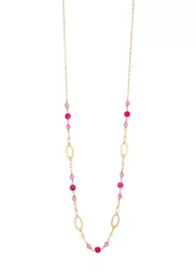 Gold Tone Long Linked Necklace with Multi Pink Bead Stations
