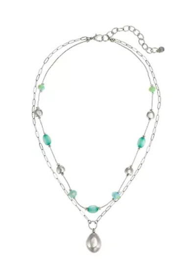 Layered Aqua Beaded Teardrop Pendant Necklace
