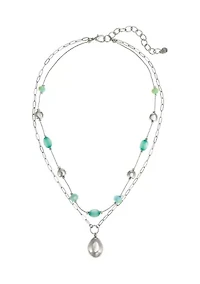 Layered Aqua Beaded Teardrop Pendant Necklace