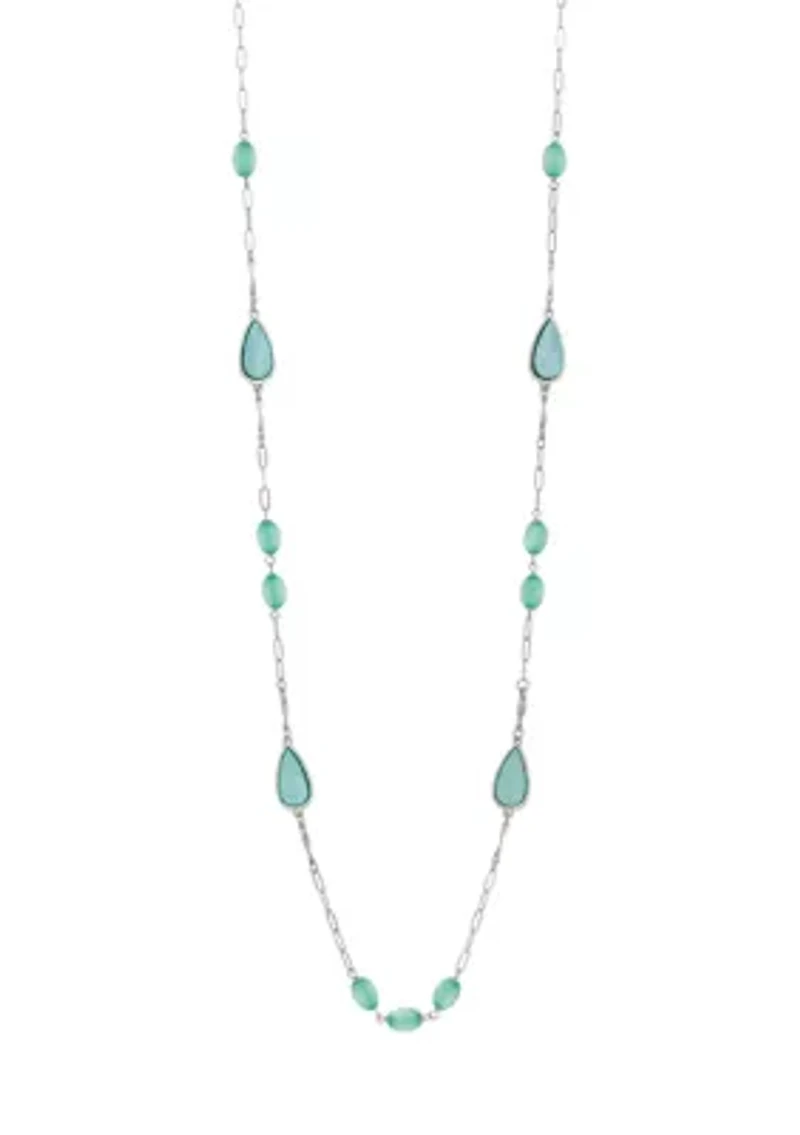 Long Linked Aqua Bead Lucite Disc Station Necklace