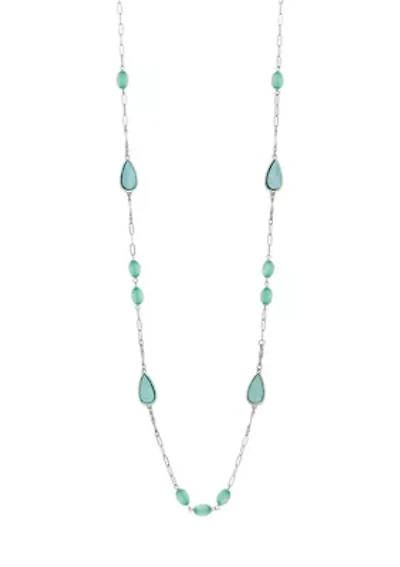 Long Linked Aqua Bead Lucite Disc Station Necklace