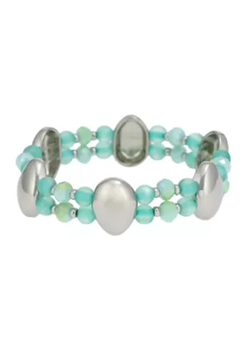 Silvertone Metal Stations Multi Row Aqua Bead Stretch Bracelet
