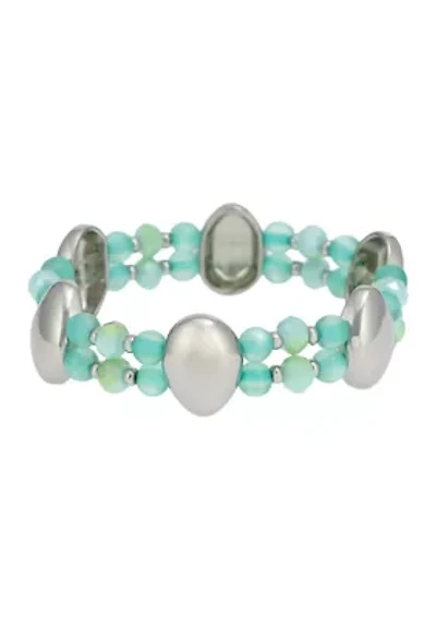 Silvertone Metal Stations Multi Row Aqua Bead Stretch Bracelet 