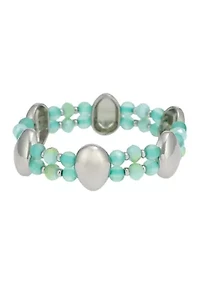 Silvertone Metal Stations Multi Row Aqua Bead Stretch Bracelet 