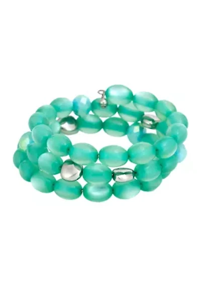 Silver -Tone Aqua Cat Eye Beaded Coil Bracelet