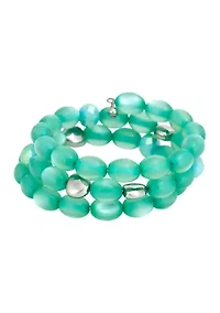 Silver -Tone Aqua Cat Eye Beaded Coil Bracelet