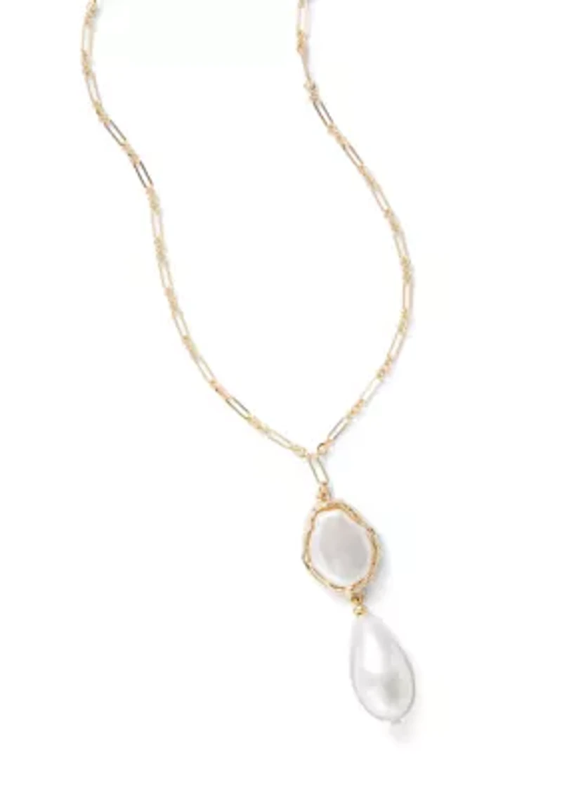 Gold-Tone Long Chain Link Necklace with Double Pearl Pendant Drop