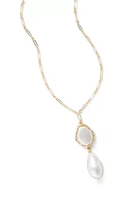 Gold-Tone Long Chain Link Necklace with Double Pearl Pendant Drop 