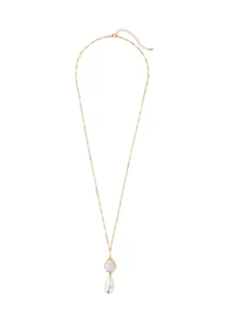 Gold-Tone Long Chain Link Necklace with Double Pearl Pendant Drop