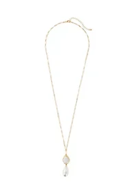 Gold-Tone Long Chain Link Necklace with Double Pearl Pendant Drop 