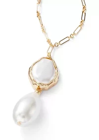 Gold-Tone Long Chain Link Necklace with Double Pearl Pendant Drop 