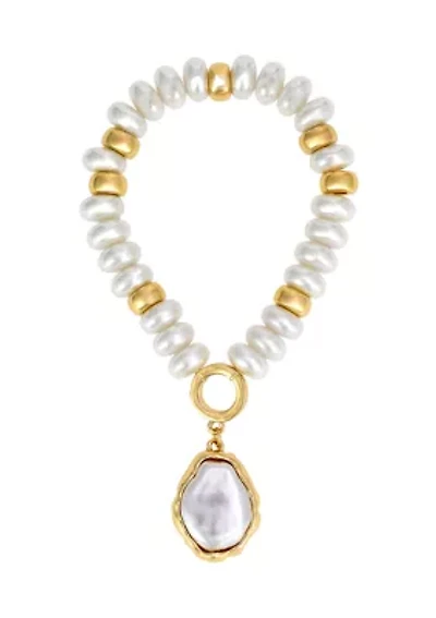 Framed Pearl Pendant Gold Tone Beaded Stretch Bracelet 