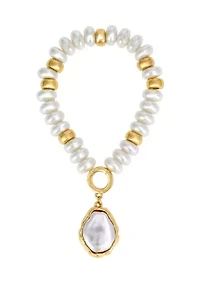Framed Pearl Pendant Gold Tone Beaded Stretch Bracelet 