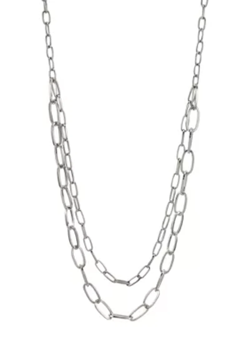 Silver Tone Double Row Long Open  Link Chain Necklace
