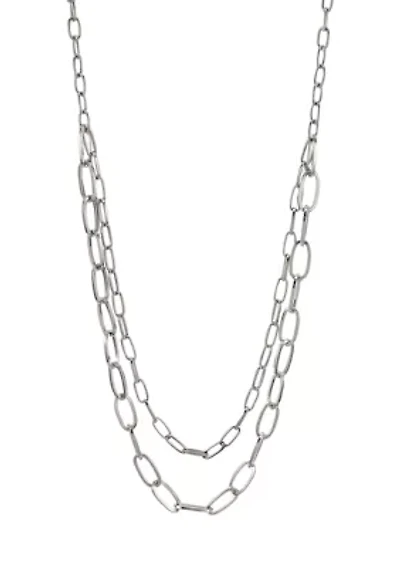 Silver Tone Double Row Long Open  Link Chain Necklace