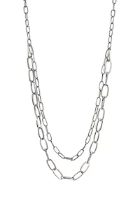 Silver Tone Double Row Long Open  Link Chain Necklace