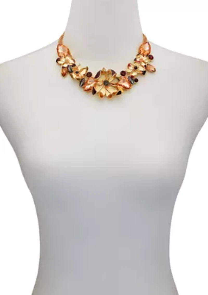Gold-Tone Floral & Jewel Frontal Statement Necklace