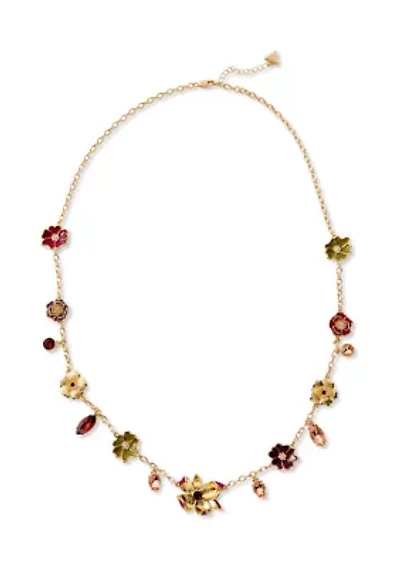 Gold Tone Pink Floral Long Necklace