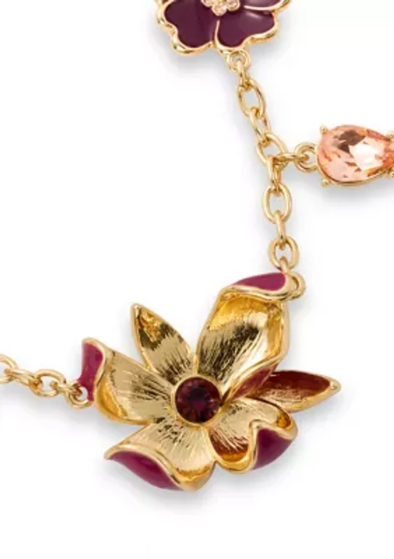 Gold Tone Pink Floral Long Necklace