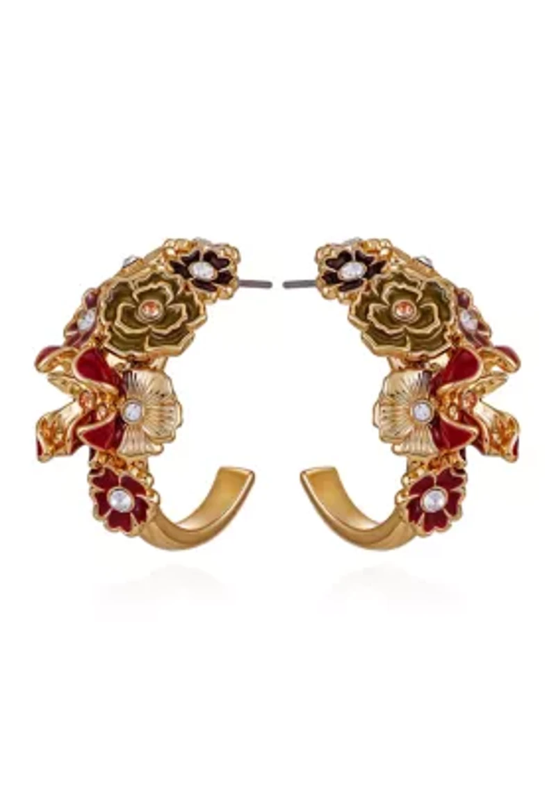 Gold-Tone Floral Enamel & Crystal Half-Hoop Earrings