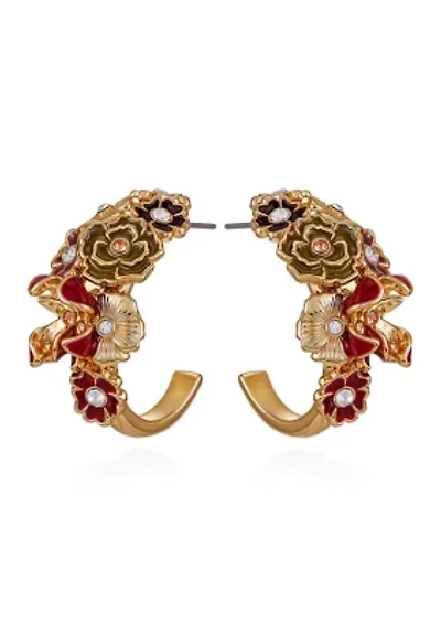 Gold-Tone Floral Enamel & Crystal Half-Hoop Earrings
