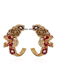 Gold-Tone Floral Enamel & Crystal Half-Hoop Earrings