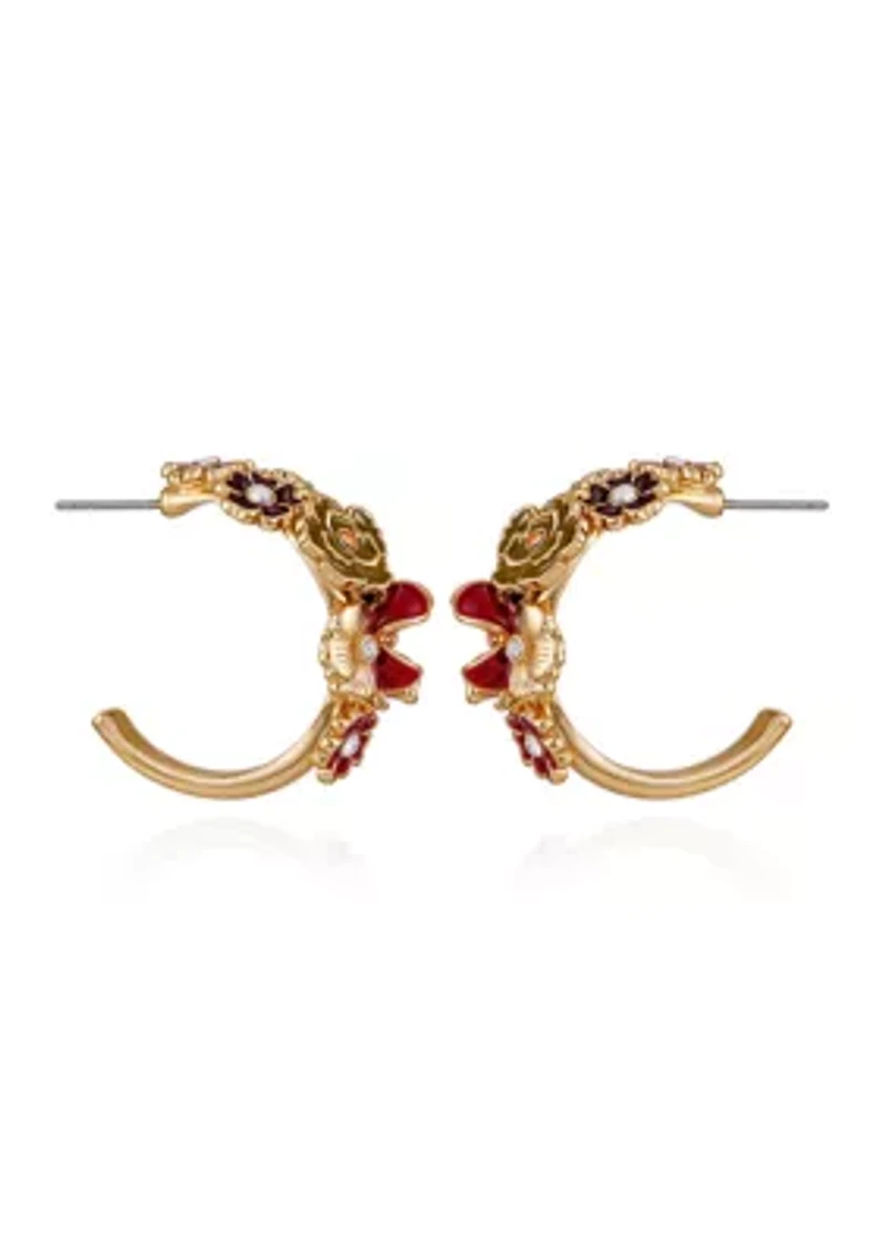 Gold-Tone Floral Enamel & Crystal Half-Hoop Earrings