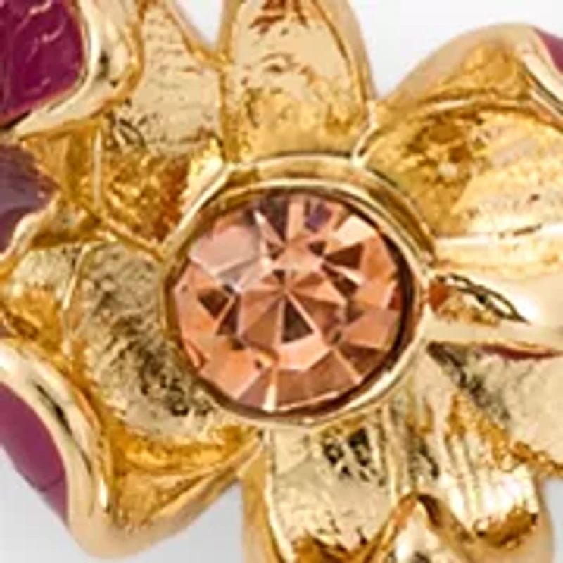 Gold Tone Pink Flower Drop Clip On Earrings