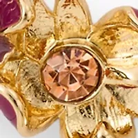 Gold Tone Pink Flower Drop Clip On Earrings