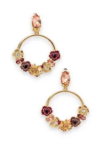Gold Tone Pink Flower Drop Clip On Earrings