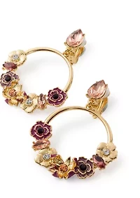 Gold Tone Pink Flower Drop Clip On Earrings