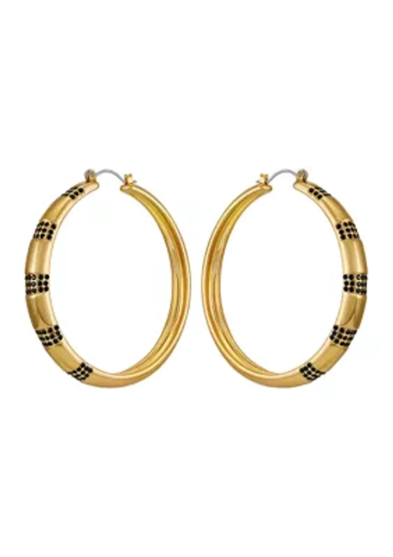 Jet Stone Gold Tone Hoop Earrings