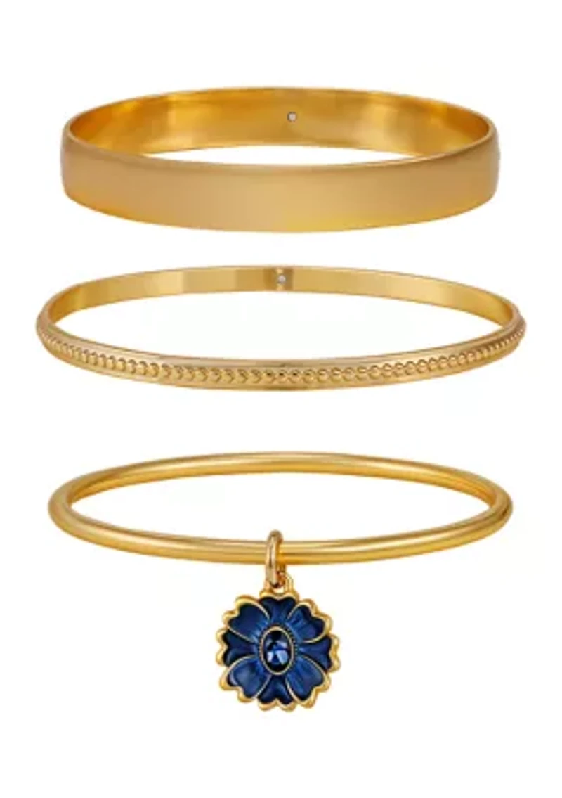 Gold Tone Bangle with Flower Stone Bracelet Set