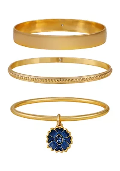 Gold Tone Bangle with Flower Stone Bracelet Set