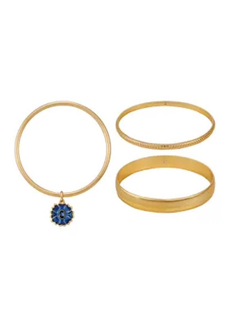 Gold Tone Bangle with Flower Stone Bracelet Set