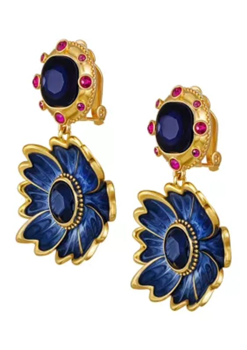 Blue Stone Flower Clip On Earrings