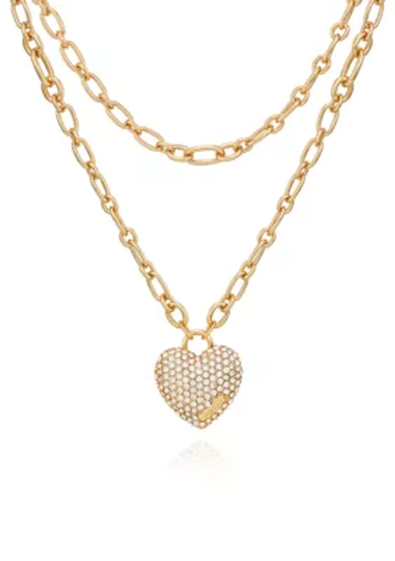 Pavé Heart Pendant Two Row Necklace