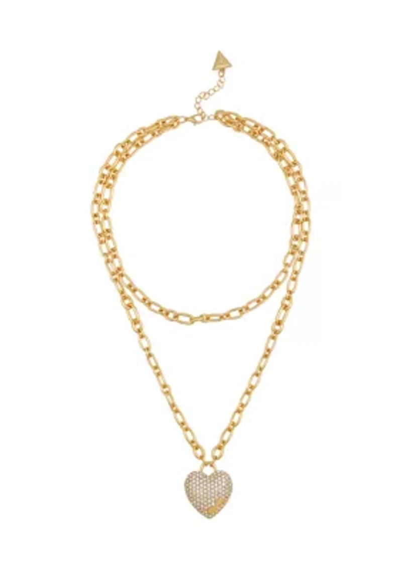 Pavé Heart Pendant Two Row Necklace