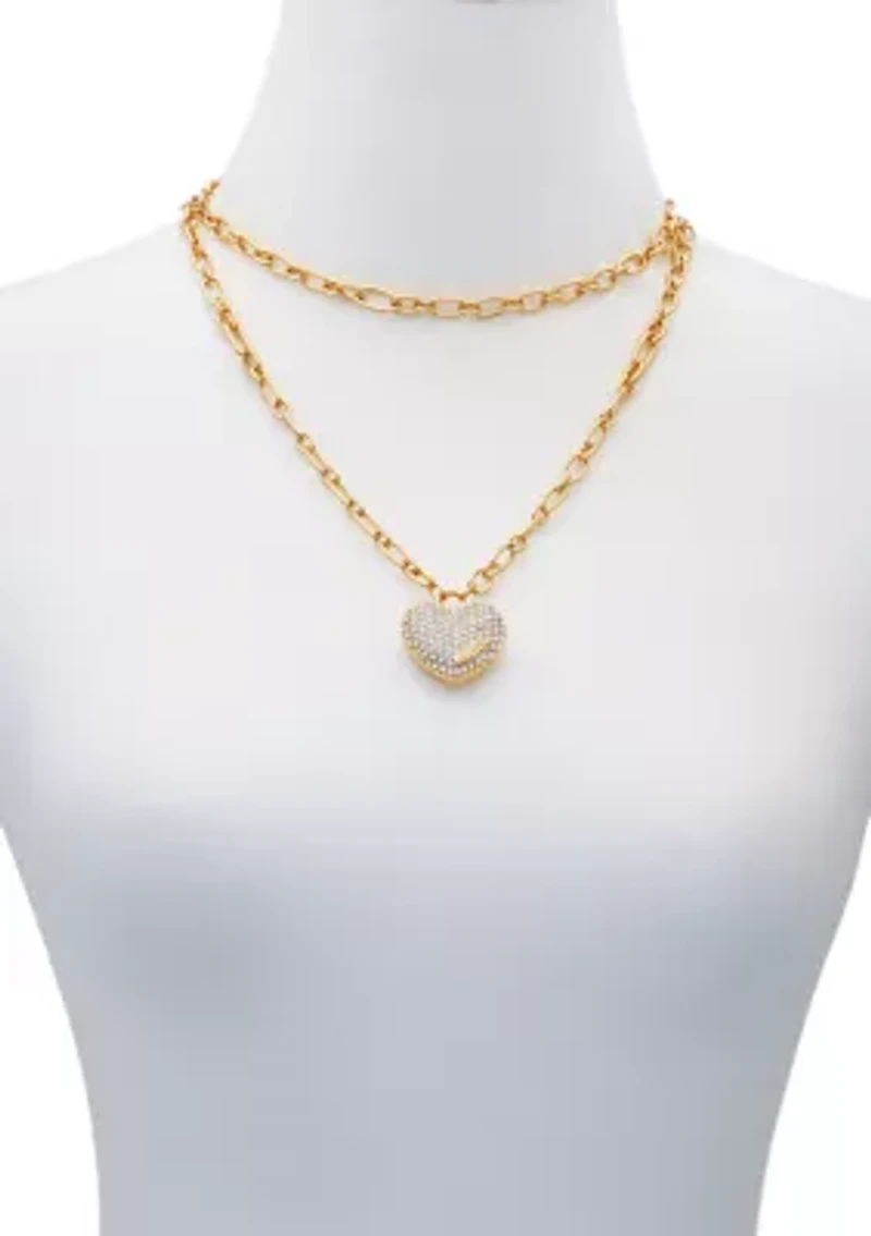 Pavé Heart Pendant Two Row Necklace