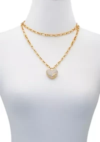 Pavé Heart Pendant Two Row Necklace
