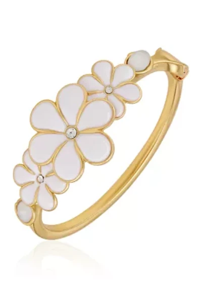 White Floral Gold Tone Bangle Bracelet