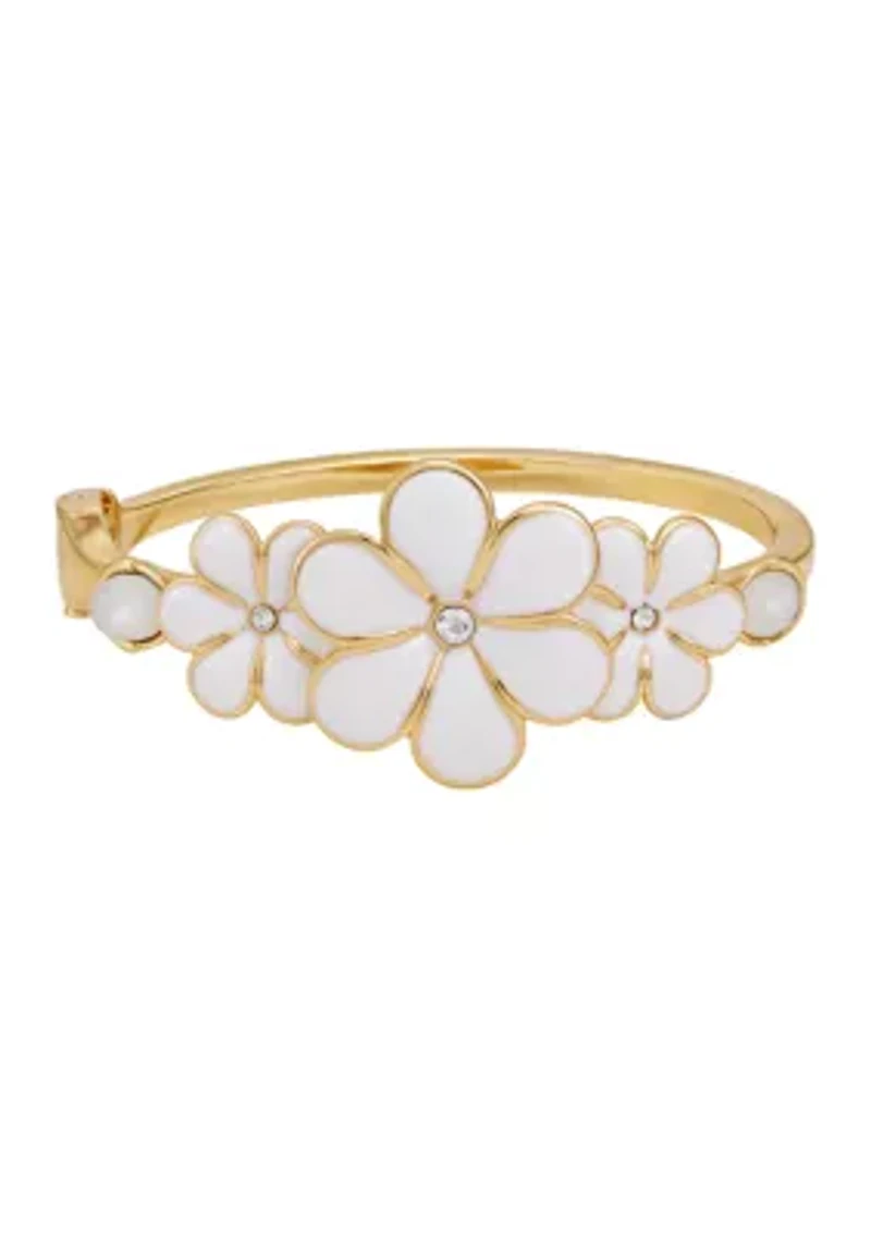 White Floral Gold Tone Bangle Bracelet