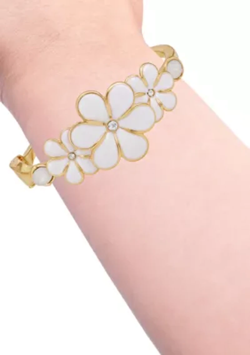 White Floral Gold Tone Bangle Bracelet