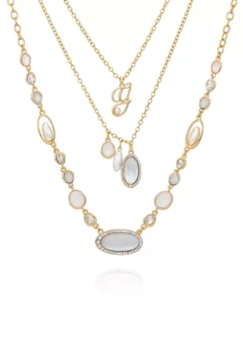 White Stone Charm Multi Row Gold Tone Necklace